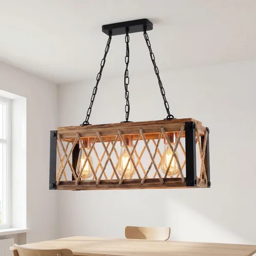 Rustikale Hängelampe aus Metall und Holz E27 - Stilvolle 3-flammige Pendelleuchte in Schwarz und geflammtem Kupfer. Ideal für Küche und Esszimmer, sorgt für großzügige Lichtstreuung und passt perfekt zu verschiedenen Einrichtungsstilen.