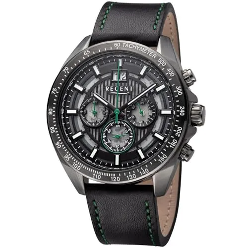 REGENT Herrenuhr Chronograph Edelstahl mit Echtlederarmband Großdatum Analog 10 ATM BA-829