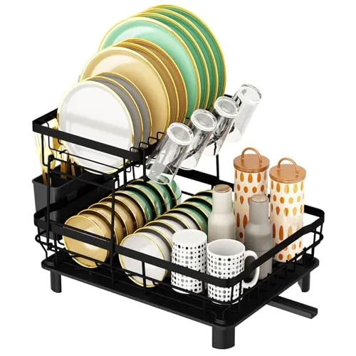 SAMISO Abtropfgestell Geschirr,2Stufiges Geschirrabtropfgestell Edelstahl,Geschirr Abtropfständer Abtropfgitter,Geschirrtrockner mit Utensilienhalter und Abtropfschale,für Teller,Tasse