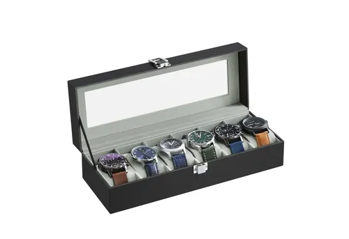 SONGMICS Uhrkästchen in Schwarz - Stilvoller Stauraum für 6 Uhren - Elegantes Uhrkästchen mit praktischen Unterteilungen, ideal zur Aufbewahrung und Präsentation Ihrer Uhren. Aus hochwertigem Kunstleder und Glas gefertigt, vereint es Funktionalität und Design.