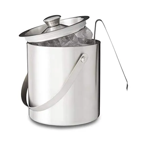 Relaxdays Eisbehälter rund mit Deckel, Eiszange, Eiswürfel-Kühler für Bar, Party, 1,5 Liter, HBT: 17 x 15 x 15cm, silber