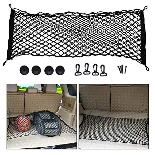 BUYGOO Auto Gepäcknetz Elastisch Nylon Netz Kofferraumschutz mit 4 Haken 90-130 x 40cm Netz Organizer für Auto Van SUV