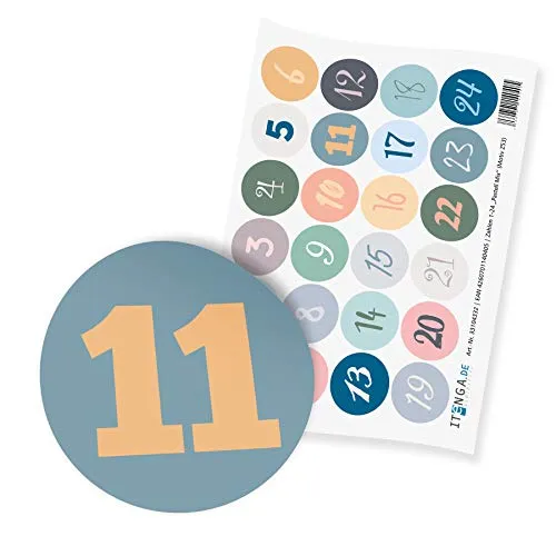 itenga 24x Adventskalenderzahlen I Sticker Aufkleber Klein I Pastell Mix I 2,0 cm I ideal zum Basteln von Adventskalendern oder Geschenken I Ziffern von 1 bis 24