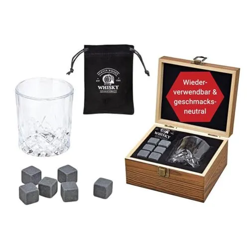 WOMA Whisky Steine Set I 6 Kühlwürfel aus Basalt inkl. Whiskey Glas & hochwertiger Holzbox I Wiederverwendbare Eiswürfel für Whiskey Wodka Gin Rum Tequila & Cocktails
