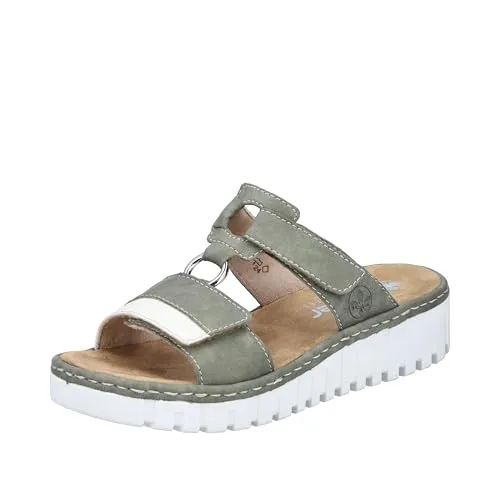 RIEKER Keilpantolette in Schilf-Offwhite, Gr. 41 - Stylische Pantoletten aus Lederimitat mit zwei praktischen Klettverschlüssen, ideal für den Sommer und entspannte Strandtage.
