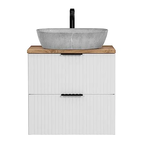 Lomadox Waschtisch 60cm mit Aufsatzbecken - Eleganter Waschplatz mit natürlicher Harmonie, Soft Close Türen und hochwertigem Keramikwaschbecken in heller Betonoptik. FSC-zertifiziert und ideal für moderne Badezimmer.