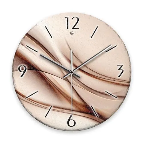 Kreative Feder Wanduhr „Brown Line“ aus Stein (Keramik) in Schiefer-Optik; Durchmesser 30cm; mit leisem Uhrwerk (Brown Line, leises Funkuhrwerk)