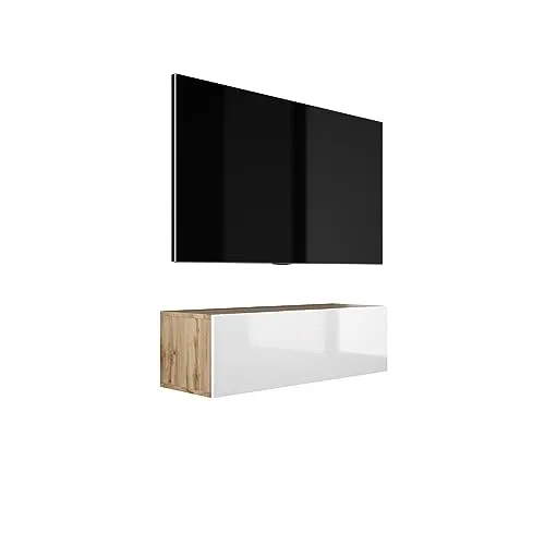 3E 3xE living.com Hängendes TV- Schrank (B: 100 cm, H: 34 cm, T: 32 cm) in Wotan Eiche & Weiß Hochglanz