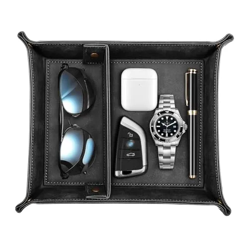 SITHON Taschenleerer, Tablett Organizer Ablage Aufbewahrungsbox Abnehmbare 2 Fächer Kunstleder Ablageschale für Handy Schmuck Schlüssel Kleingeld Geldbörse und Büroausstattung, (Schwarz)