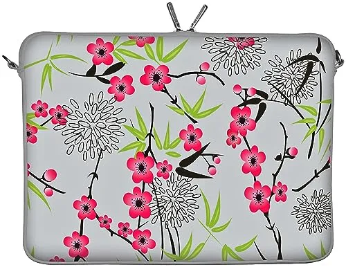 Digittrade LS104-17 Sakura Designer Laptop Tasche 17 Zoll Notebook Sleeve Hülle aus Neopren bis 43,9 cm (17,3 Zoll) japanische Kirschblüte grau-rosa