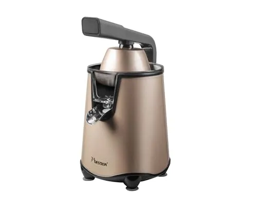Bestron elektrische Saftpresse, Orangenpresse mit Auslauf-Stopp Funktion & edelstahl Fruchtfleischsieb, inkl. 2 Presskegel, 450ml Kapazität, Soft-Press Hebel für einfache Bedienung, Farbe: Beige