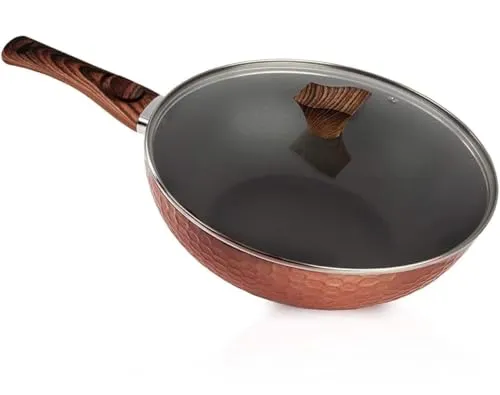 Wok-Pfanne Ø32cm mit abnehmbarem Griff und Glasdeckel - Wok für asiatische Gerichte, antihaftbeschichtet und spülmaschinengeeignet. Ideal für alle Herdarten, einfach zu reinigen und mit praktischem abnehmbaren Griff für mehr Stauraum.