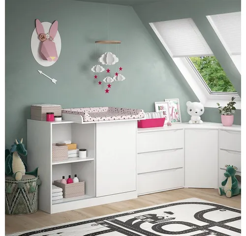 Vicco Wickelkommode Ruben 113 x 53 cm, Weiß - Wickeltisch mit Schiebetür und Wickelauflage, ideal für das Kinderzimmer – bietet praktischen Stauraum und eine komfortable Wickelstation.