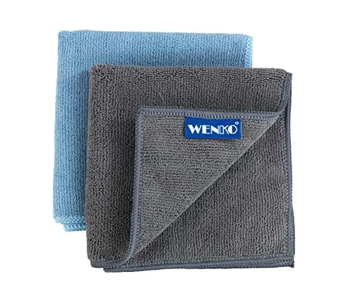WENKO Mikrofaser Spültuch Miko, 2er Set, universell einsetzbares Reinigungstuch, extra saugstarke Küchenlappen ohne Reinigungsmittel anwendbar mit je 30 x 30 cm in Grau & Blau