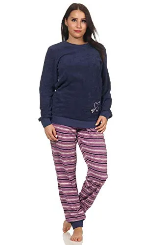RELAX by Normann Damen Frottee Pyjama mit Bündchen - Hose gestreift, Oberteil mit Herz Motiv - 291 13 901, Farbe:Marine, Größe:36/38