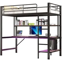 Okwish Hochbett mit Schreibtisch, Schwarz, Metall, 90x200 cm - Modernes Hochbett in Schwarz mit integriertem Schreibtisch und Regal, ideal für Kinder- und Jugendzimmer. Mit USB-Anschlüssen und 7-farbiger LED-Beleuchtung für eine angenehme Atmosphäre und praktischen Komfort im Alltag.