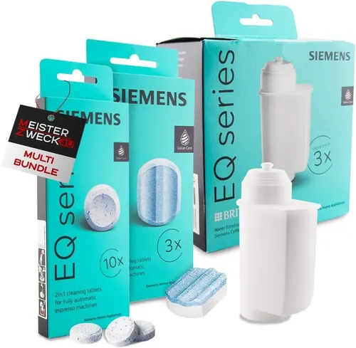 SIEMENS Reinigungs- und Entkalkungsset für Kaffeevollautomaten - Ersatzteile für Kaffeevollautomaten, inklusive 10 Reinigungstabletten, 3 Entkalkungstabletten und 3 Wasserfiltern für optimalen Genuss.