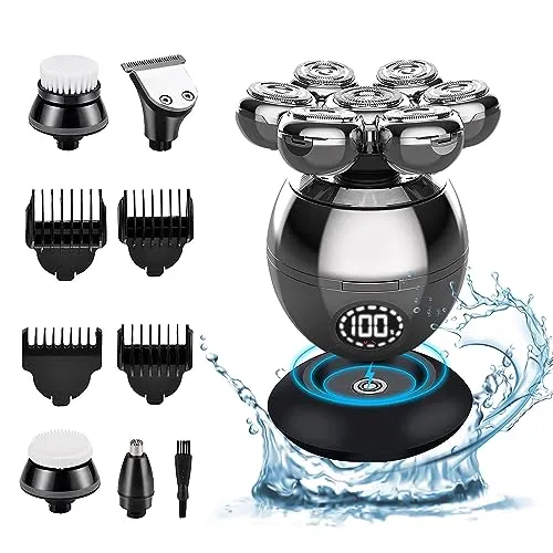 Glatzenrasierer, Elektrischer Bartrasierer 5 in 1 Wasserdicht IPX7 mit 7 rotierenden Bürstenköpfen, Batteriedisplay und Typ-C-Ladekabel, Null-Haarschneider für Nase Ohren Körper Gesicht