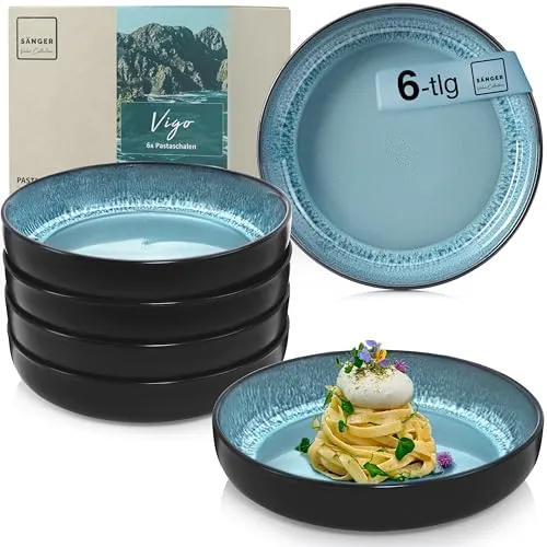 Sänger Vigo Steingut Pastaschalen Set für 6 Personen - Pastateller Set aus robustem Steingut, spülmaschinen- und mikrowellenfest, mit maritimem Design und kratzfester Oberfläche – ideal für Pasta und Salate.