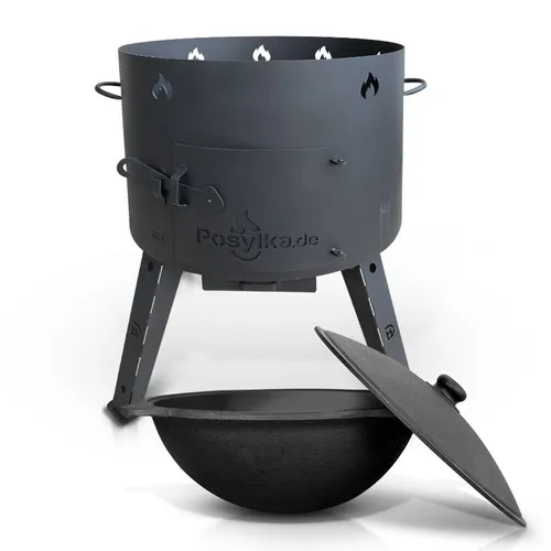 Gusseisen Kazan 22L mit Aluminiumdeckel - Wok aus dickwandigem Gusseisen, ideal für offenes Feuer. Mit 22L Volumen und Ø 49 cm perfekt für traditionelle Gerichte.