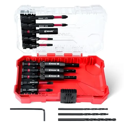 EZARC Zentrierbohrer Set Holz, 14 tlg Scharnierbohrer für Schrankscharniere | Selbstzentrierend #6, #8, #10, Federbelastete Führung, HSS-Ersatzbohrer, S2-Schraubbits, 1/4
