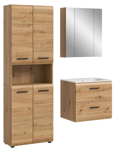 xonox Badezimmer Ice 3-tlg. Badkombination - Moderne Badezimmermöbel in Braun, bestehend aus Spiegelschrank, Waschtisch und Hochschrank. Kratzfest und wasserabweisend, ideal für eine stilvolle und funktionale Badgestaltung.