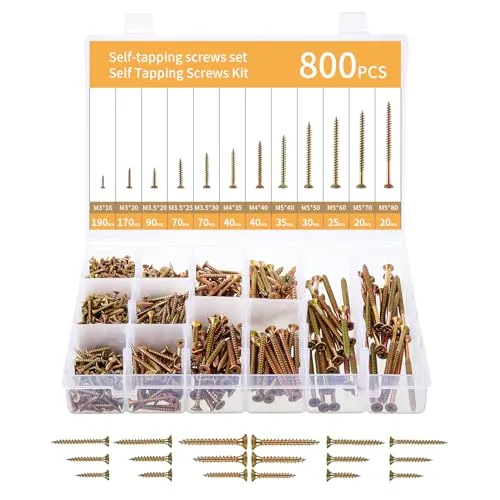 SOSINYA Schrauben Set, 800 Stück selbstschneidende Holzschrauben set, Kreuzschlitz-Senkkopfschrauben, selbstbohrende Schraubensortiment. Extra harte Kohlenstoffstahl-Holzschrauben, farbig verzinkte.