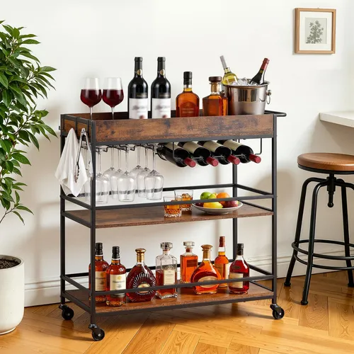 VEVOR Barwagen 3 Ebenen mit Weinregal & Glashalter, rustikales Design