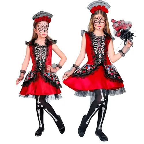 W WIDMANN MILANO Kinderkostüm Dia de los Muertos - Skelett Kleid - Kostüm für Kinder für den Dia de los Muertos, mit farbenfrohem Kleid, fingerlosen Handschuhen und Kopfschmuck, ideal für Fasching oder Halloween.