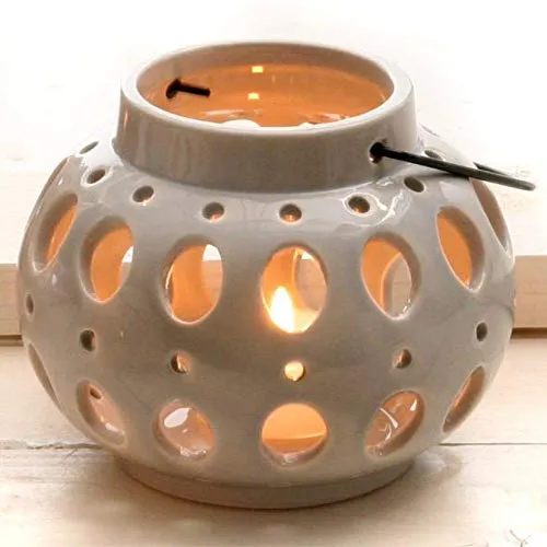 mucHome Windlicht Keramik/Dolomit Grau mit Metallhenkel Höhe:9cm Kerzenhalter Deko