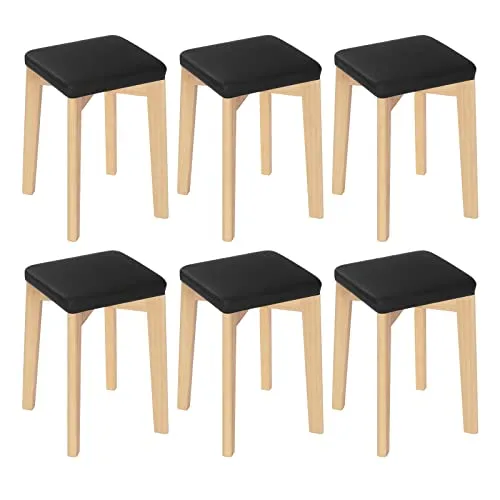 WOLTU Esszimmerstühle, Küchenstuhl aus Massivholz, Holzhocker im Esszimmer, mit gepolstertem und PU-bezogenem Sitz, Polsterstuhl 32,5x47x32,5 cm, Holzstuhl Holzmaserung Schwarz, BH345sz-6