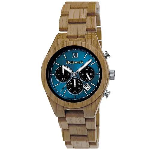 Holzwerk VERSMOLD Herren Holz Uhr Chronograph mit Datum, Oliv beige blau schwarz