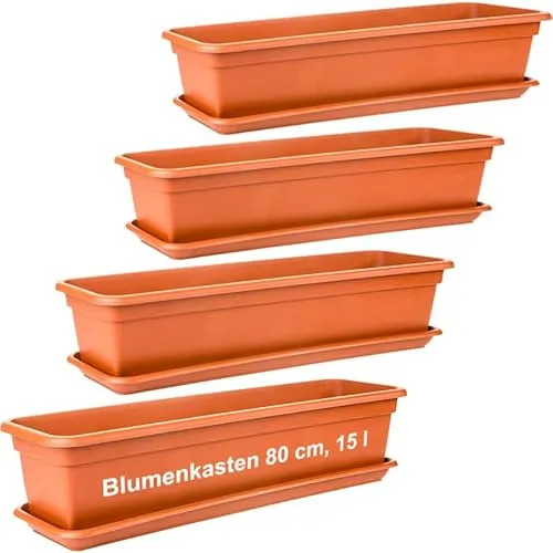 2friends Blumenkasten Set 80cm, Terracotta â€“ 4er-Set Balkonkästen mit Untersetzer, Hochwertiger Kunststoff, EU