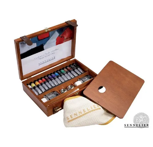 Sennelier Künstler Öl-Paint Holz Box Set - Malfarben Set mit 15 x 21 ml Tuben, Holzpalette, Pinseln und Tuch – ideal für kreative Künstler, die hochwertige Pigmente und praktische Ausstattung schätzen.