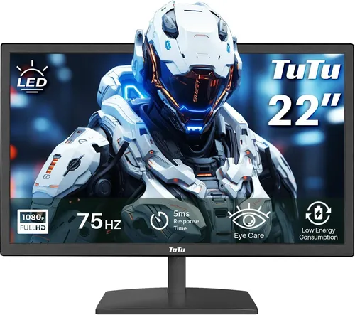 TuTu 21,5 Zoll Full HD Monitor mit Eye Care - Full HD Monitor mit 21,5 Zoll, 75Hz, 5ms Reaktionszeit und Blaulichtfilter für augenschonendes Arbeiten. Ideal für Home Office und Gaming mit vielseitiger Anschlussmöglichkeit.