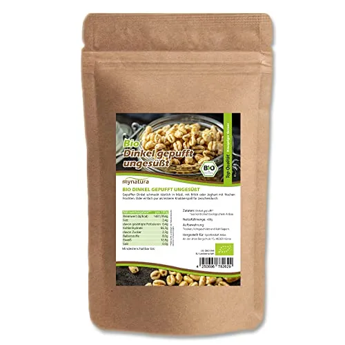 Mynatura Bio Dinkel gepufft mit Honig I Getreide I Gesüßt I Honig-Dinkel I Plastikfrei I Snack I Müsli I Kochen I Backen I Naturprodukt I Im Beutel (1x 400g)
