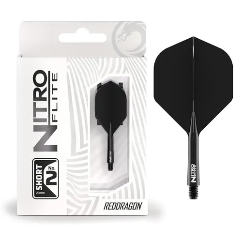 RED DRAGON Darts – Nitro Flite Integriert Flüge & Schäfte System – No.2 Form und Design – Schwarz & Schwarz Farbe, Kurz Länge