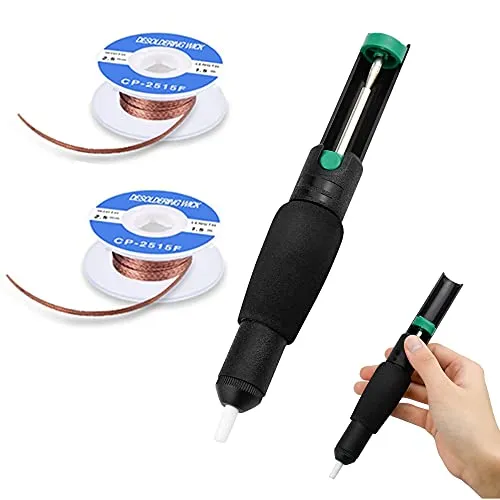Snowtain Entlötpumpe Set,1 Entlötpumpe 2 Entlötlitze,Entlötpumpe und Lötdocht Kit,Lötmittel Sauger Vakuumpumpe Solder Removal Tool zur Entfernung von Lötzinn Entlötsaugpumpe Hohe Saugfähigkeit