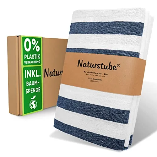 Naturstube® Geschirrtücher Set [4 Stück] - Saugstarke & nachhaltige Geschirrhandtücher aus 100% Baumwolle, weiß blau kariert/gestreift je 50x65cm