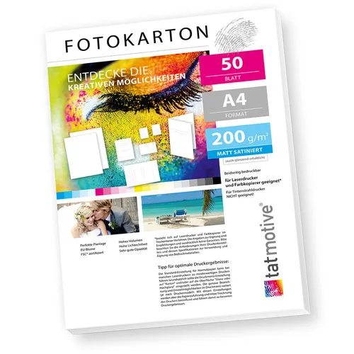 tatmotive Fotopapier Fotokarton FA4200M50, für Farblaser, A4, 200 g/m², beidseitig bedruckbar, matt, 50 Blatt