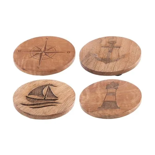 GILDE 4 Holz Untersetzer maritim-mit Symbole von Anker-Schiff-Windrose-Leuchtturm,D.xH. =10cm x 0,5cm,aus Mangoholz