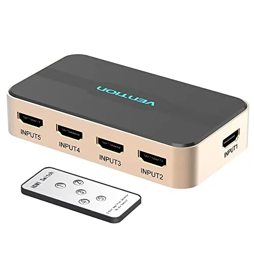 HDMI Switch VENTION 4K Aluminium HDMI Switch 5 in 1 Out UHD HDMI Verteiler mit Fernbedienung, HDMI Umschalter Unterstützt 4K 3D HDR für Fire TV Stick UHDTV PS5/4/3 Xbox DVD Blu-Ray