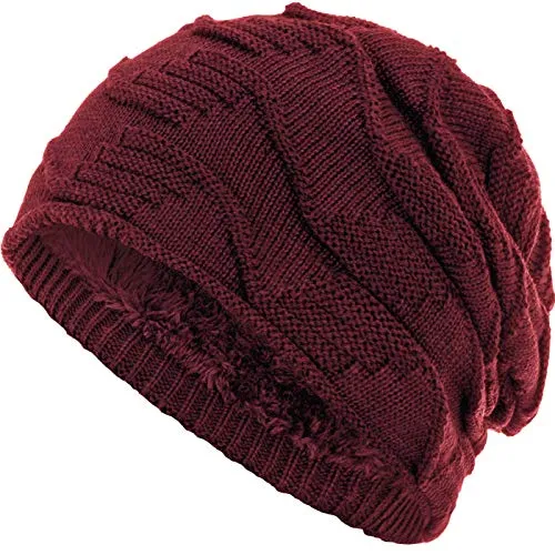 Compagno Mütze warm gefütterte Wintermütze Elegantes Strickmuster Beanie Einheitsgröße, Farbe:Dunkelrot