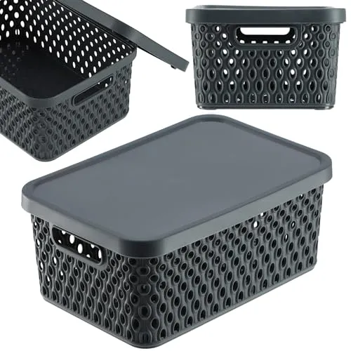 KADAX Aufbewahrungskorb, Korb mit Deckel, Aufbewahrungskiste, Aufbewahrungsbox aus Plastik, Moderner Regalkorb, Behälter mit Lüftungslöchern (4,5L, Grau)