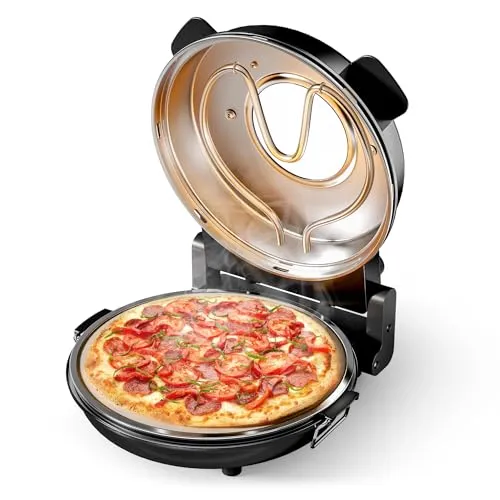 Pizzamaker mit Keramiksteinplatte Ø32cm - Pizzaöfen mit Sichtfenster und zwei Heizelementen für perfekte knusprige Ergebnisse bei bis zu 400°C. Ideal für vielseitige Gerichte und platzsparend für jede Küche.