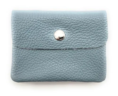 Mini Geldbörse Leder Made in Italy | Echtes Rindleder | Kompakt 11x8,5cm | 50g leicht | 3 Fächer | Druckknopf | Damen Herren | Münzfach Scheinfach | Portemonnaie (Taubenblau)