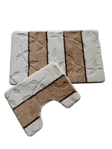 oKu-Tex Design Badematte Antirutsch Set 2 Teilig, rutschfest & waschbar, Badvorleger 60 x 100 cm für das Badezimmer, WC Vorleger mit Ausschnitt 50 x 60 cm, gestreift mit Blumendekor, braun weiß