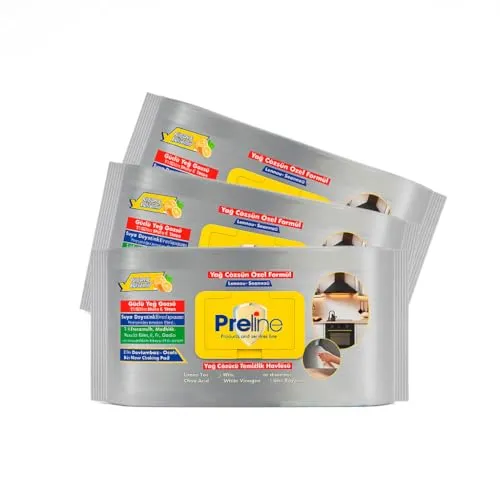 Preline Fettlöser Reinigungstücher, XL Starke & Große Tücher, Mit Weißem Essig & Natron, Zitronenduft, Entfernt Fett & Schmutz, Natürlich & Chemiefrei, Für Küche Herd & Backofen, 60 Stück (3)