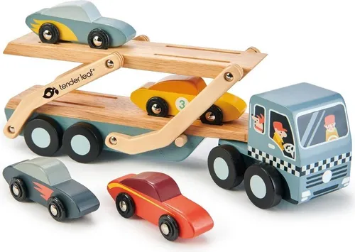 Tender Leaf Toys - Autotransporter - Holzspielzeug LKW-Transporter mit 4 stylishen Autos und einem Aufpasser-Hund, fördert kreatives Spielen und Entdecken.