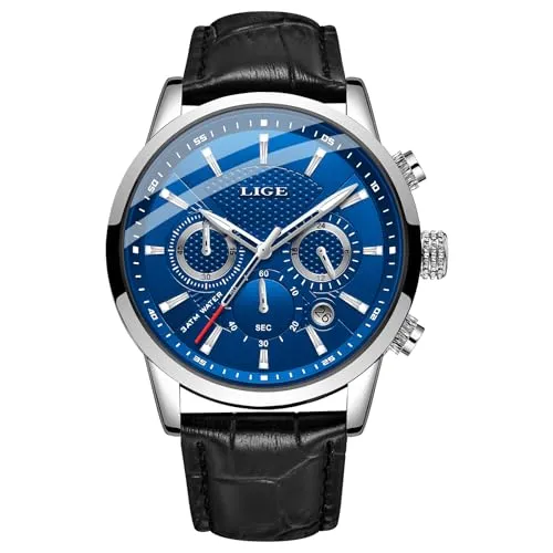 LIGE Herren Uhr Mode Chronograph Sport Wasserdichter Analoger Quarz Edelstahl Lederuhr Klassische Business Casual Armbanduhr